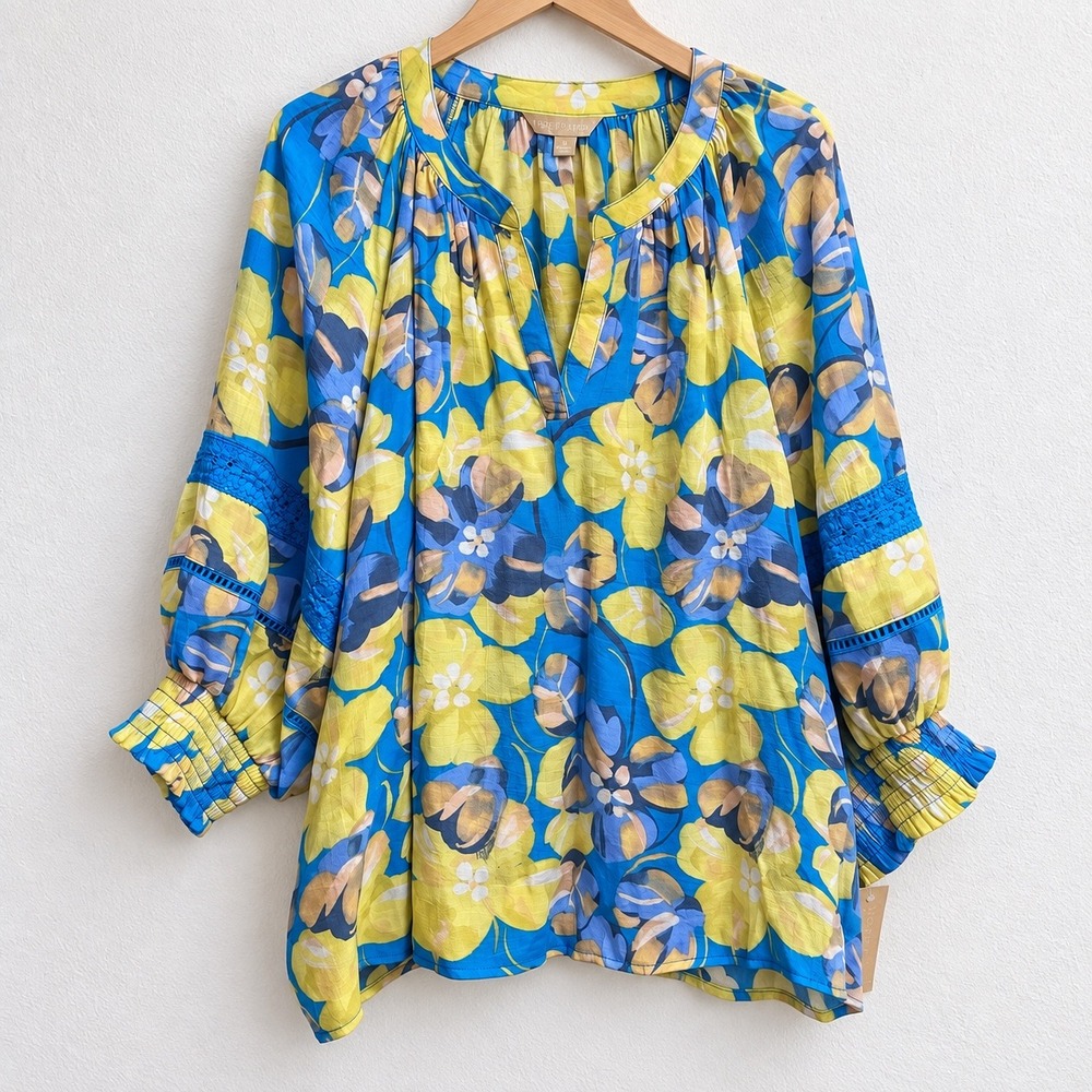 Hope & Harlow Woman Floral Blouse 2X Rayon Blend Blue Yellow Boho Crochet Smock